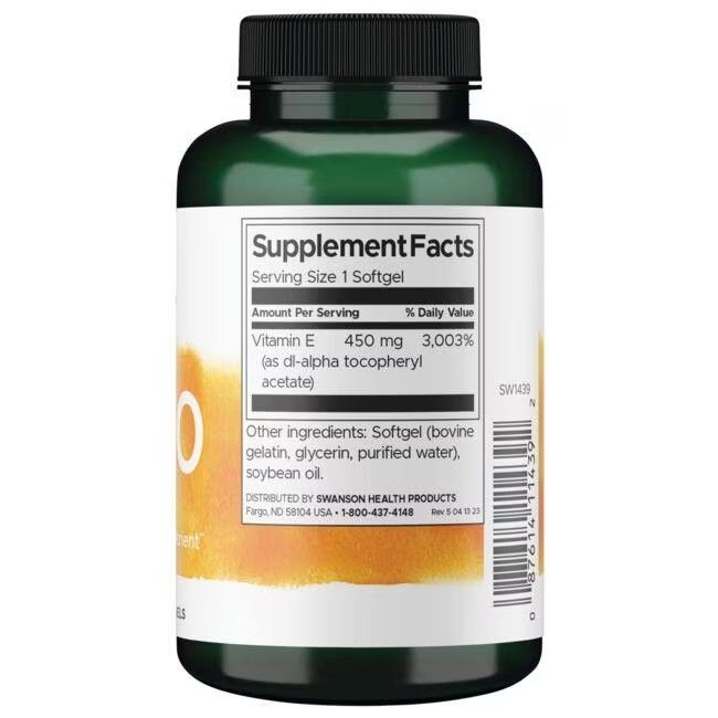 Grüne Flasche mit schwarzem Deckel. Etikett mit Produktinformationen: Vitamin E, 1000 IU, 60 Softgels. Marke: SWANSON.