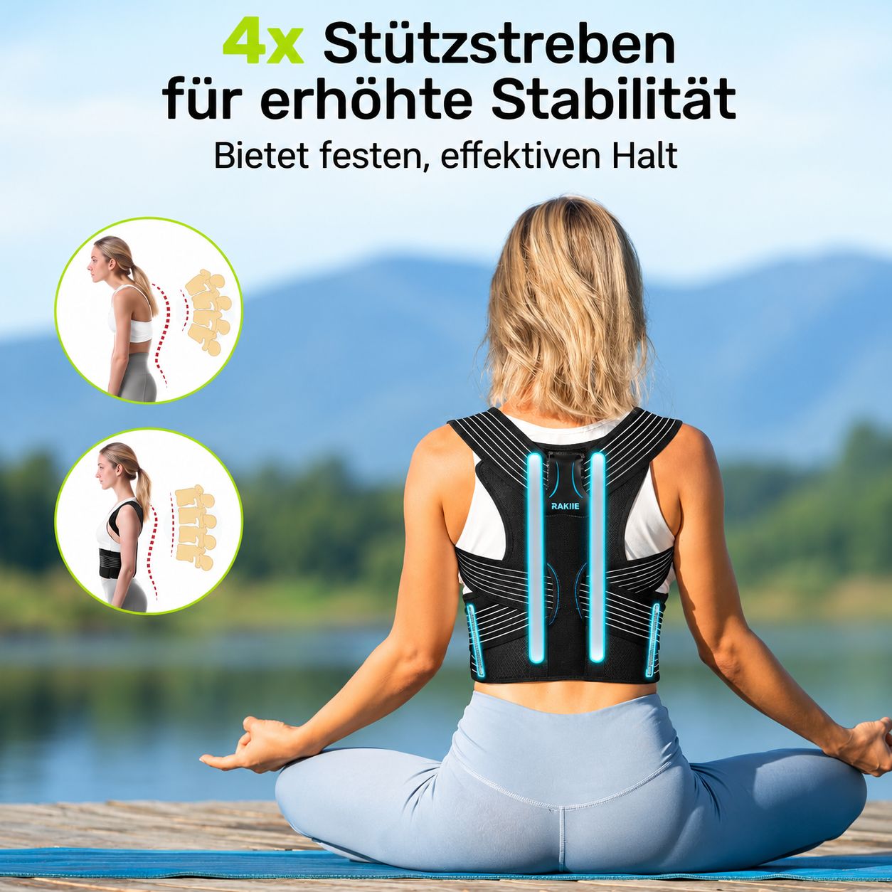 Frau in Meditationshaltung mit schwarzem Rückenstützgurt, der durch blaue Lichter hervorgehoben wird.
