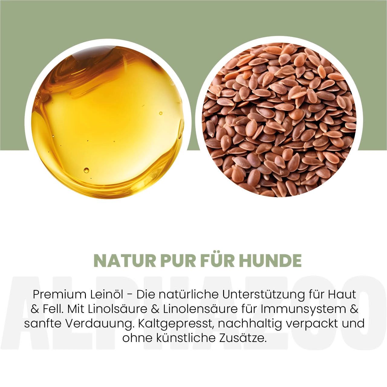 Zwei Kreise: Öl und Leinsamen. Text: Natur pur für Hunde. Premium Leinöl für Haut & Fell. Ohne künstliche Zusätze.