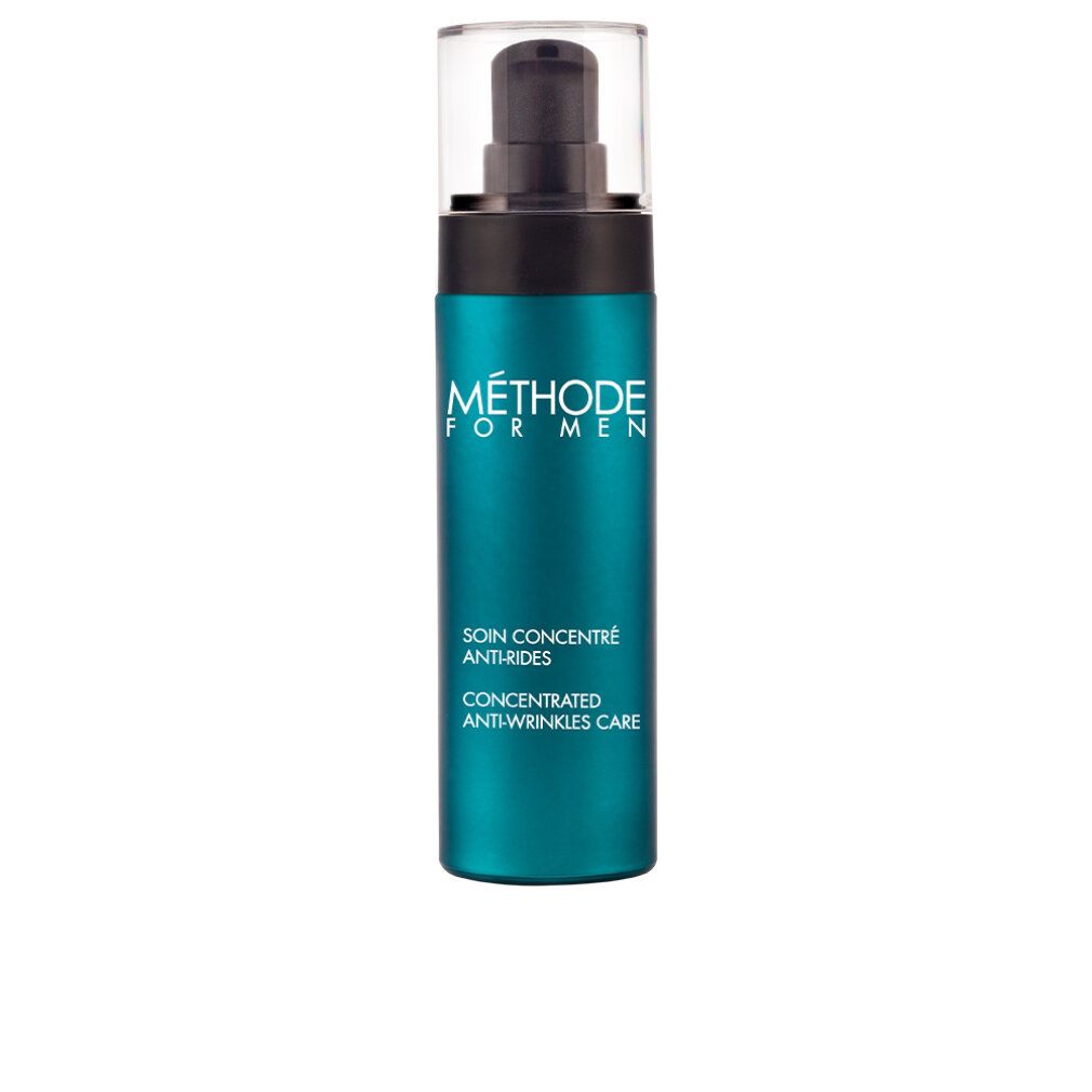 Türkisgrüne Flasche mit schwarzem Pumpkopf. Aufschrift: MÉTHODE FOR MEN, Soin Concentré Anti-Rides, Concentrated Anti-Wrinkles Care.