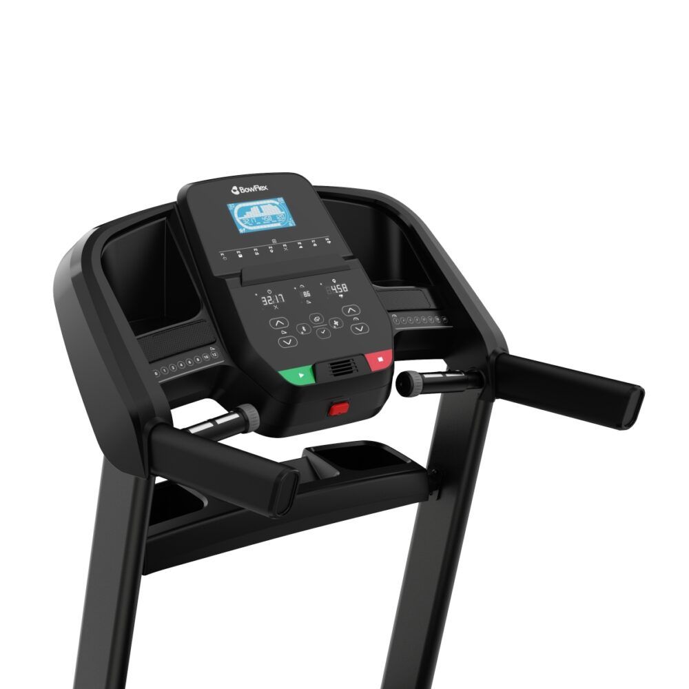 Schwarze Laufbandkonsole mit Display und Bedienelementen. Handläufe seitlich.