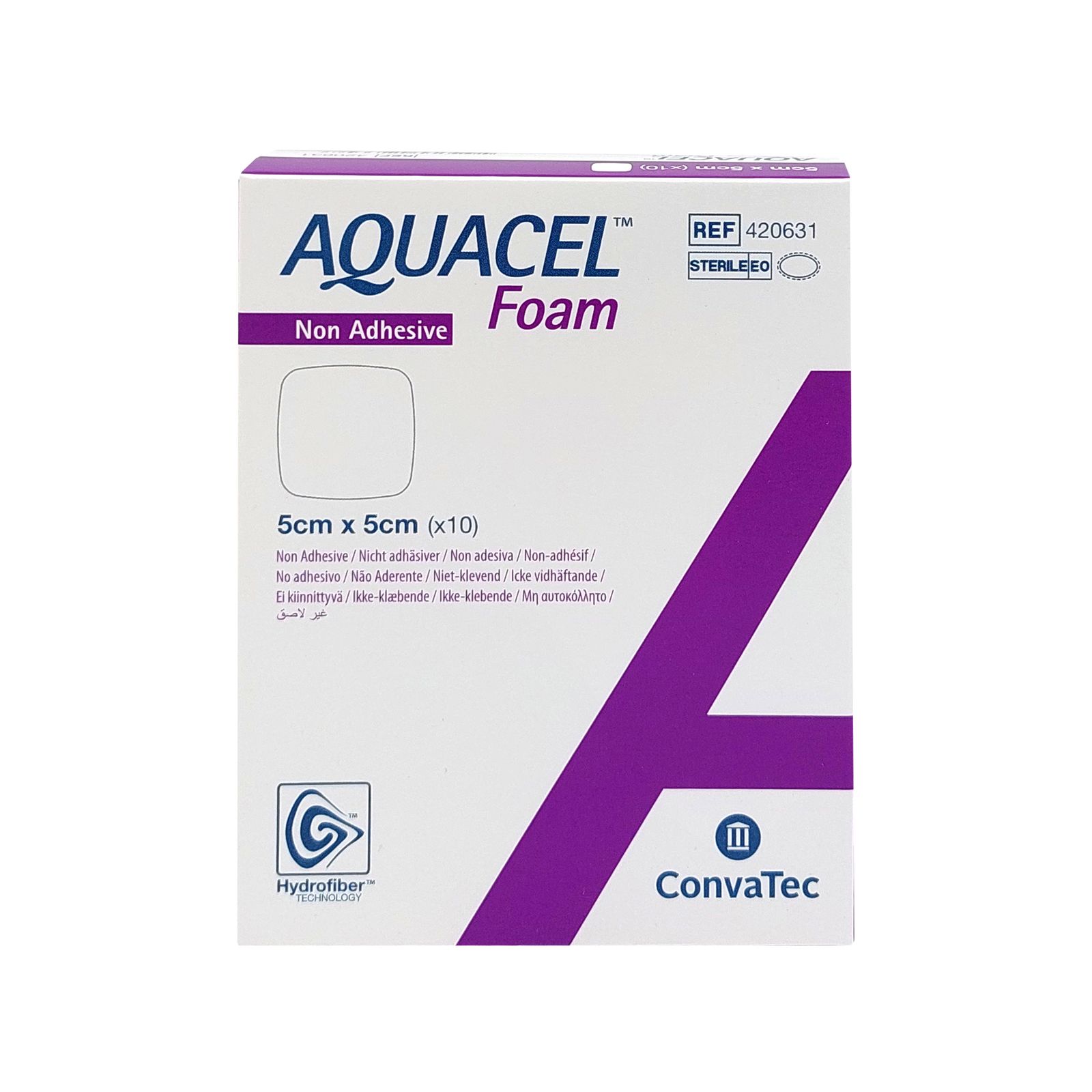 Verpackung von AQUACEL FOAM, 5x5cm. Weißer Karton mit lila Akzenten. Produktname und Größe deutlich sichtbar.