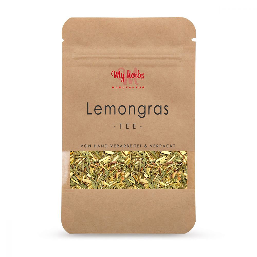 Beutel mit Lemongras Tee. Sichtfenster zeigt getrocknete Kräuter. Marke: My herbs.