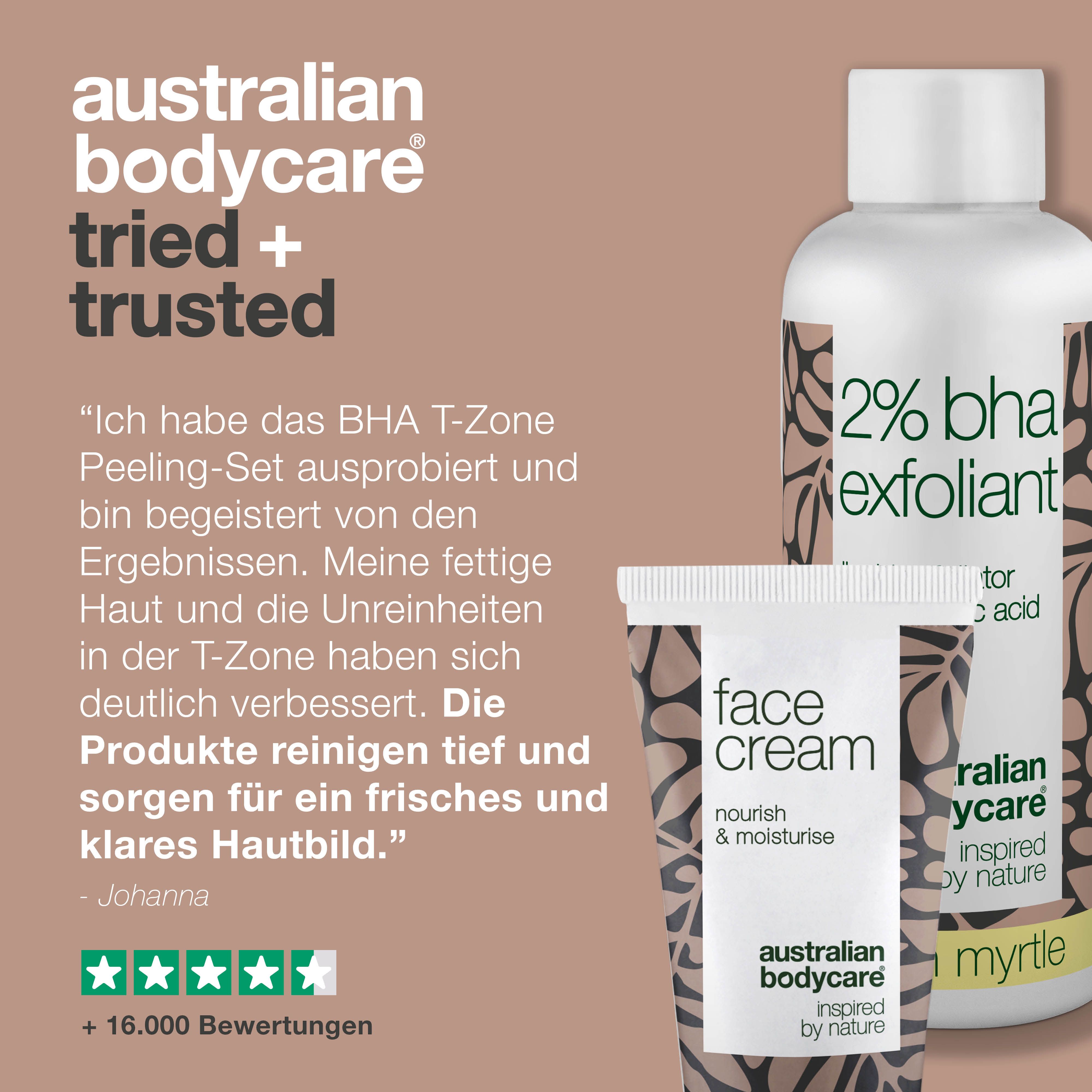 Flasche 2% BHA Exfoliant und Tube Face Cream. Zitat und Sternebewertung. Text: Tried + Trusted.