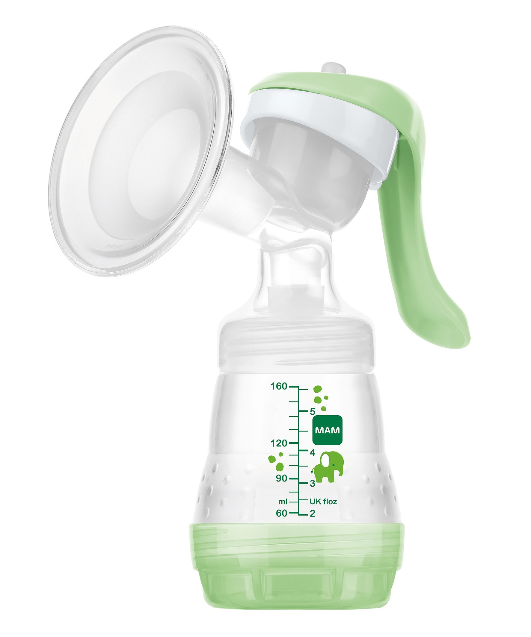 MAM Handmilchpumpe. Transparent, grün und weiß. Mit Messskala. Mit Elefanten-Motiv. BPA-frei.