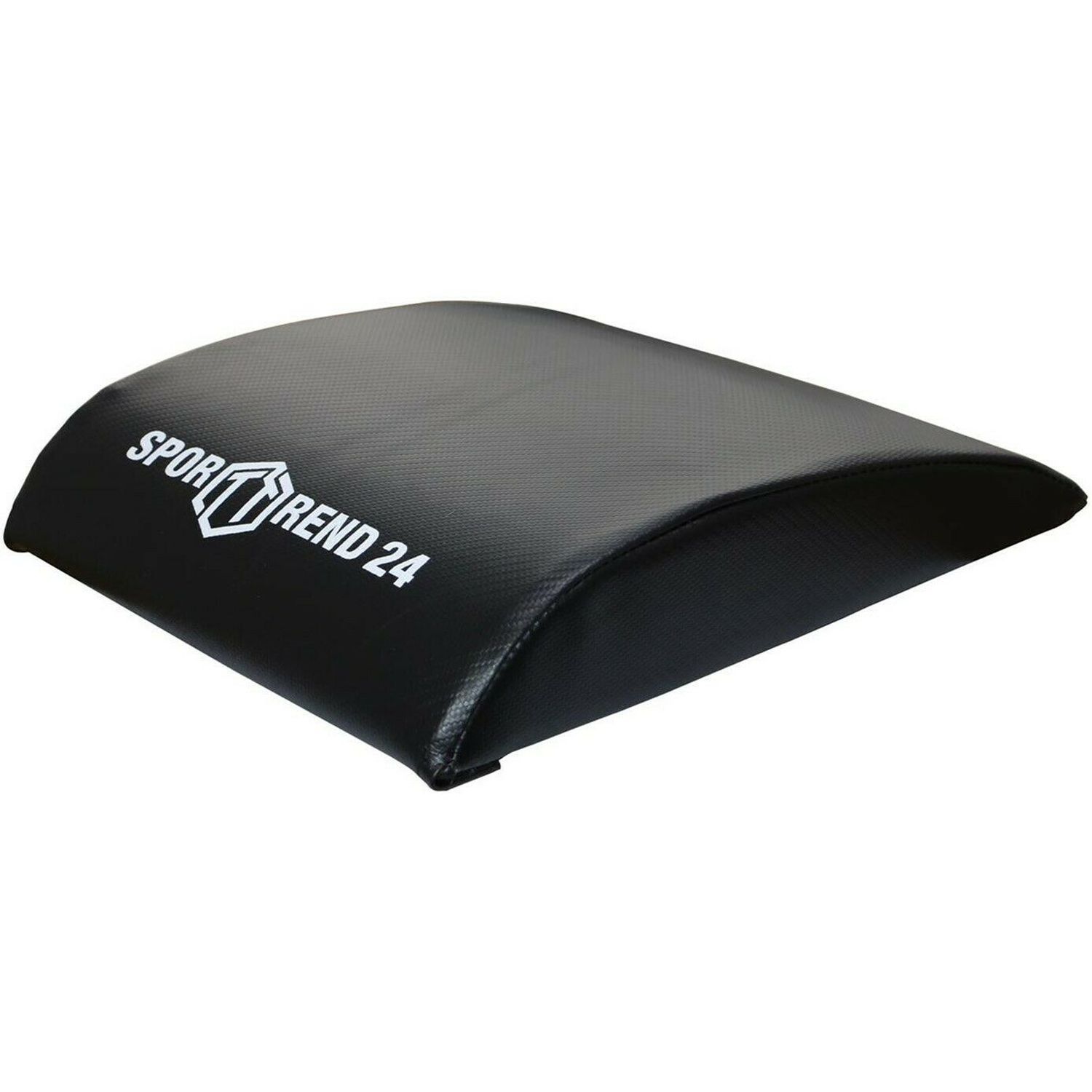 Schwarze Sporttrend24 Sit-Up-Matte. Halbmondförmig. Weißes Logo. Oberseite aus Kunstleder.