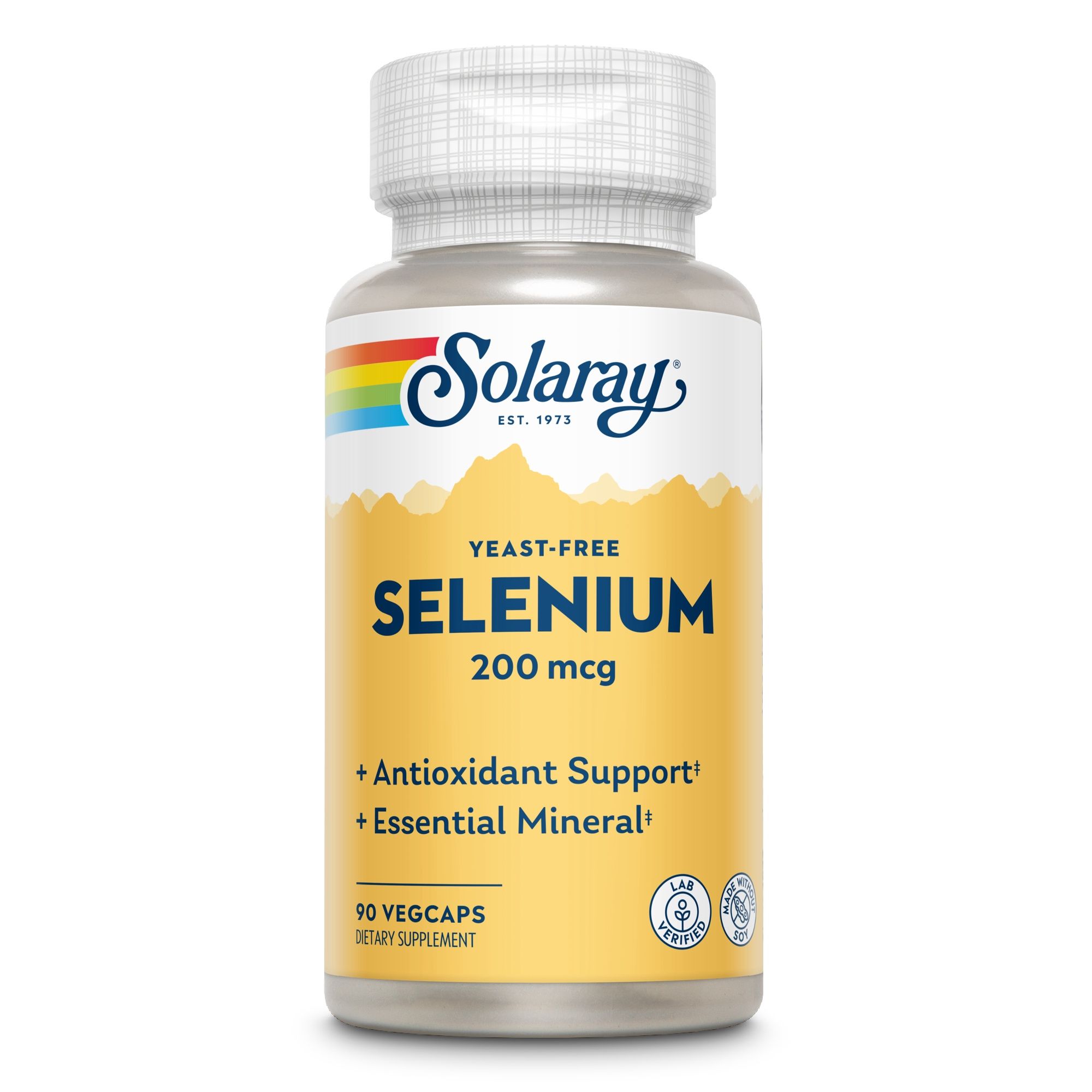 Solaray Selen 200 mcg, 90 Vegicaps. Aufschrift: Hefe-frei, Antioxidantien-Unterstützung, essentielles Mineral. Gelbe Kapsel-Dose mit weißem Deckel.