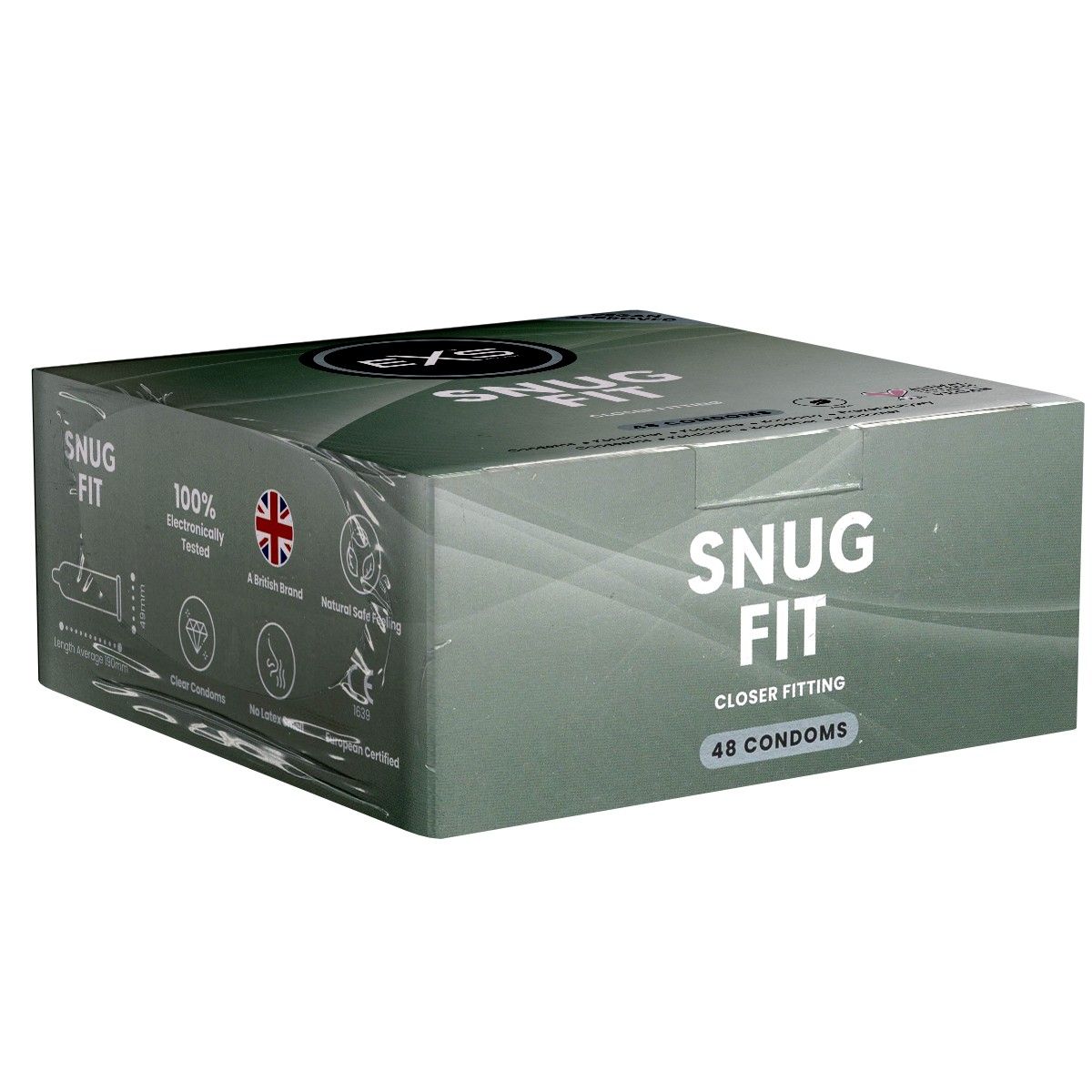 Schachtel mit Kondomen. Aufschrift: Snug Fit, Closer Fitting, 48 Kondome. Verpackung mit britischer Flagge und Zertifizierungen.