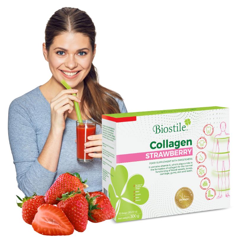 Frau trinkt Erdbeergetränk mit Strohhalm. Daneben Packung Biostile Collagen Strawberry und Erdbeeren.