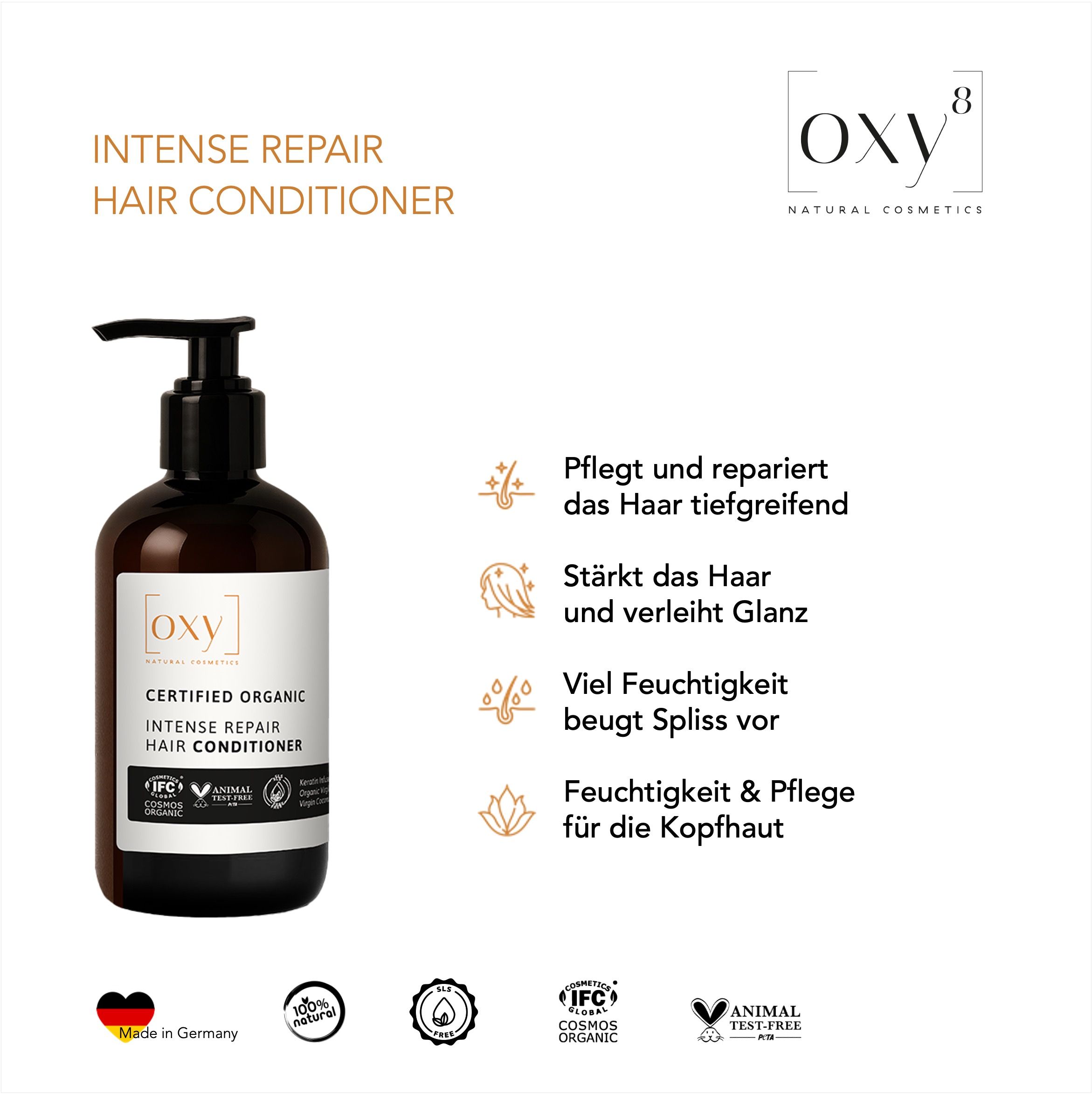 Produktflasche mit Text und Icons. Text: INTENSE REPAIR HAIR CONDITIONER. Icons: Vegan, Bio, Tierversuchsfrei.
