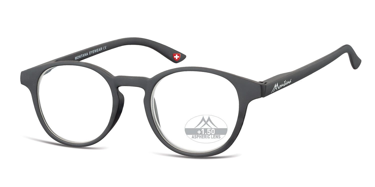 Graue Brille mit runden Gläsern. Auf dem rechten Bügel steht "Montana". Auf dem linken Bügel steht "MONTANA EYEWEAR CE".