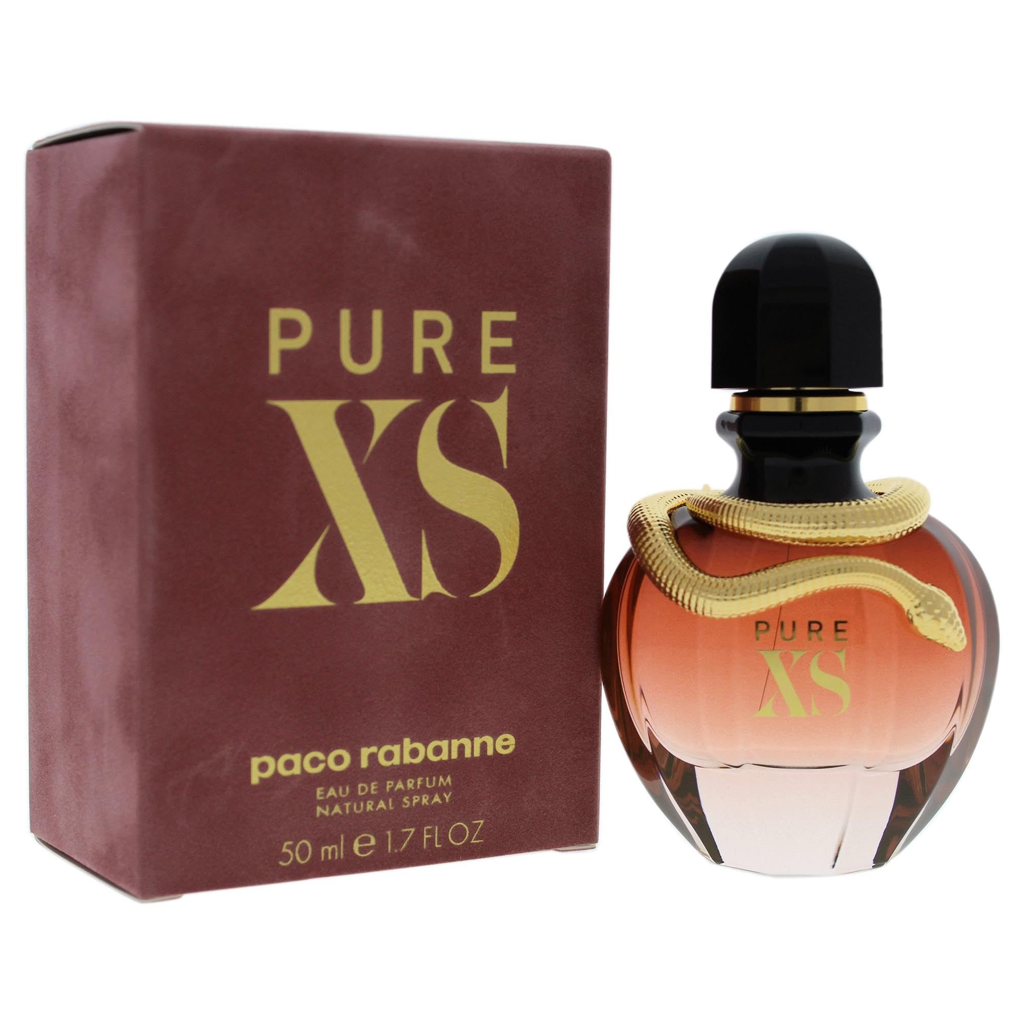 Braune Box und rosa Flakon mit goldener Schlange. Aufschrift: PURE XS. 50 ml.