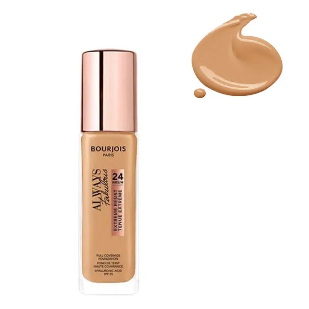 Bourjois Always Fabulous Foundation. Flasche mit Farbklecks. Text: 24H, SPF 20.