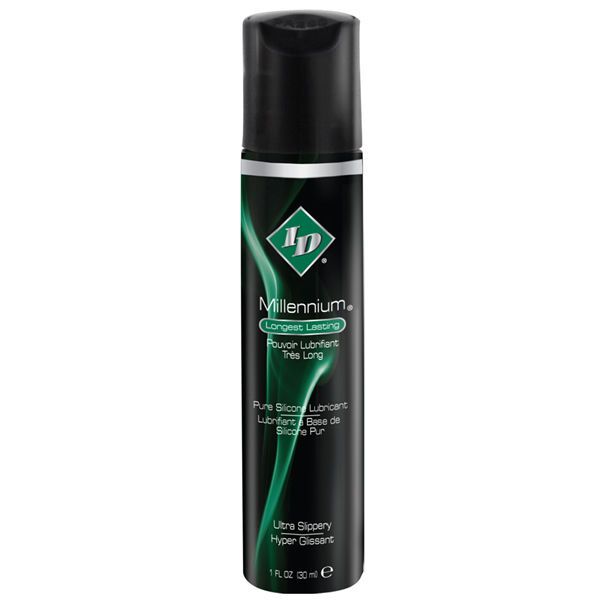 Schwarze Flasche mit grünem Etikett. Aufschrift: ID Millenium, Longest Lasting, Pure Silicone Lubricant. 30ml.