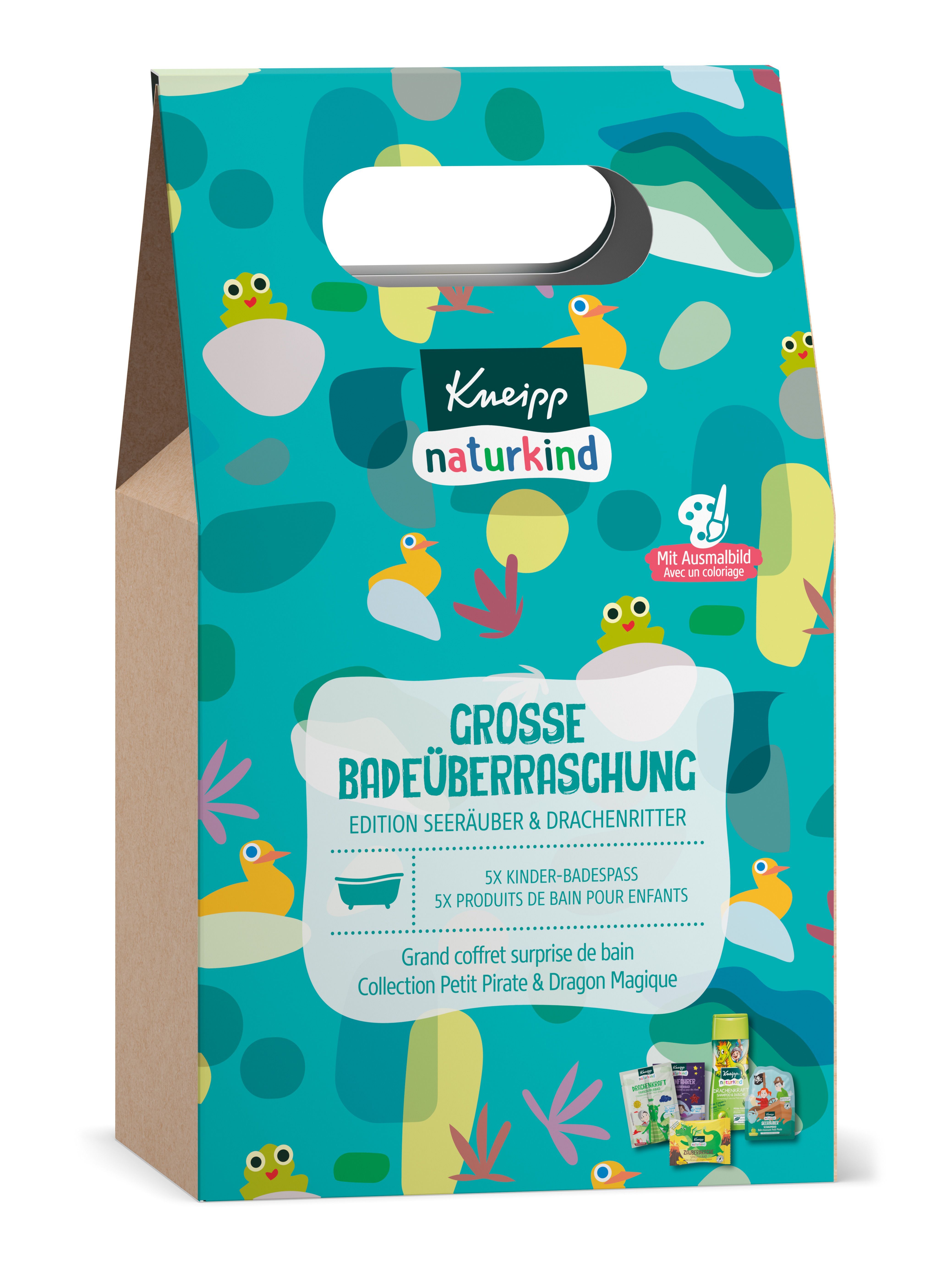 Kneipp naturkind Badeüberraschung Edition. Karton mit Griff, blau-grün mit Enten-Motiven. Text: Große Badeüberraschung, Seeräuber & Drachenritter.