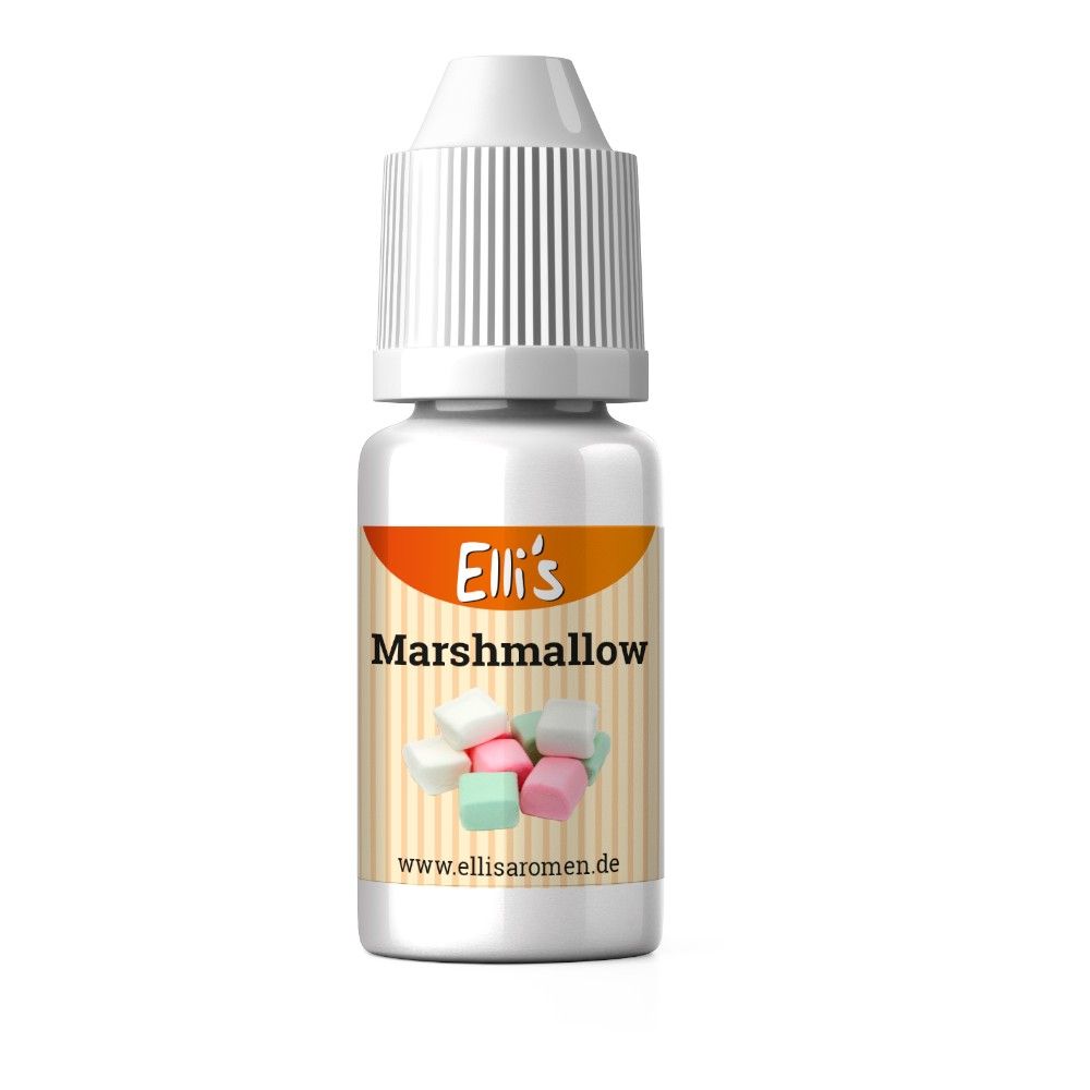Fläschchen mit weißem Deckel. Aufkleber mit "Elli's Marshmallow" und Marshmallow-Abbildung. www.ellisaromen.de.