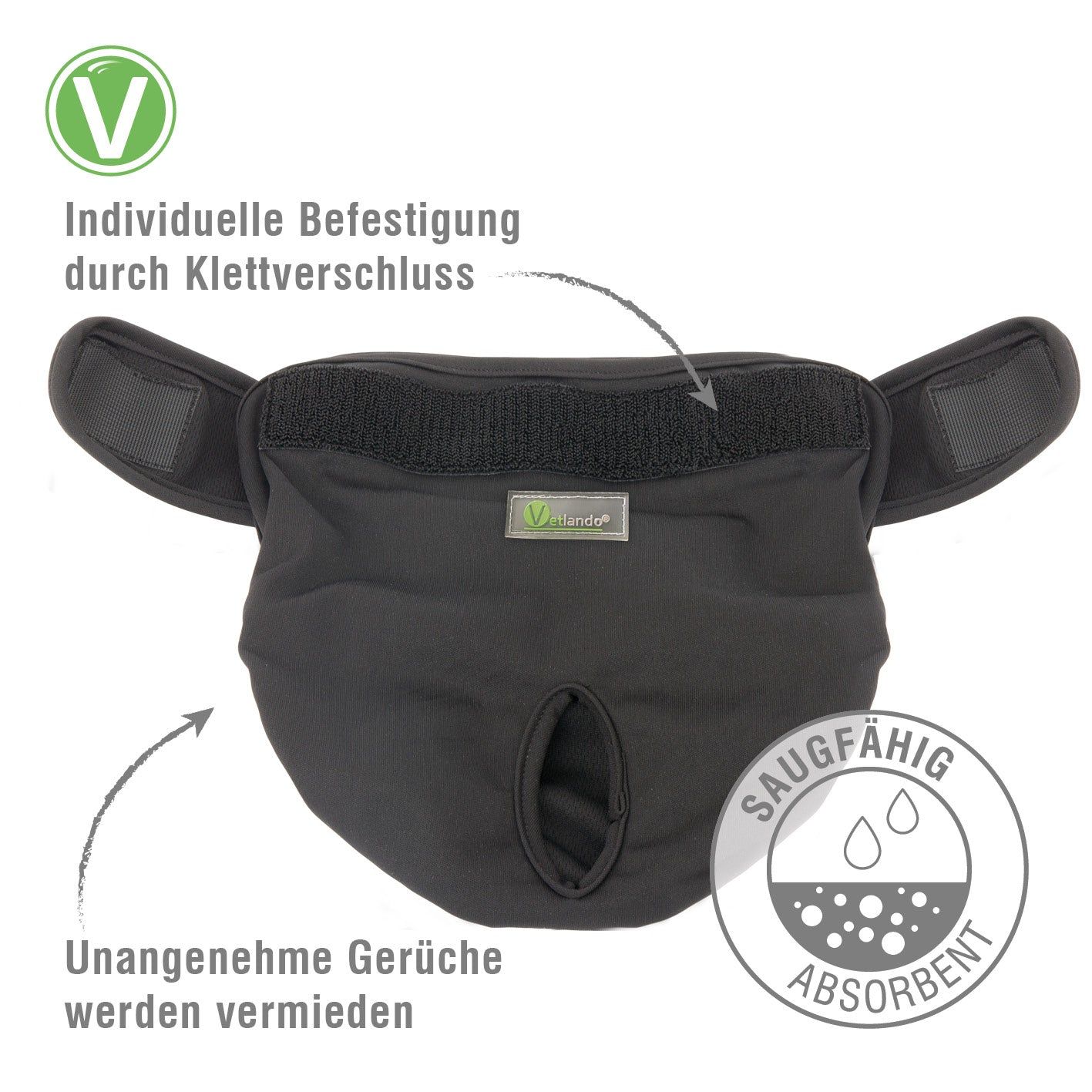 Schwarze Hündinnenwindel mit Text und Piktogrammen. 'Vetlando' Logo, 'Absorbent' und 'Unangenehme Gerüche werden vermieden'.