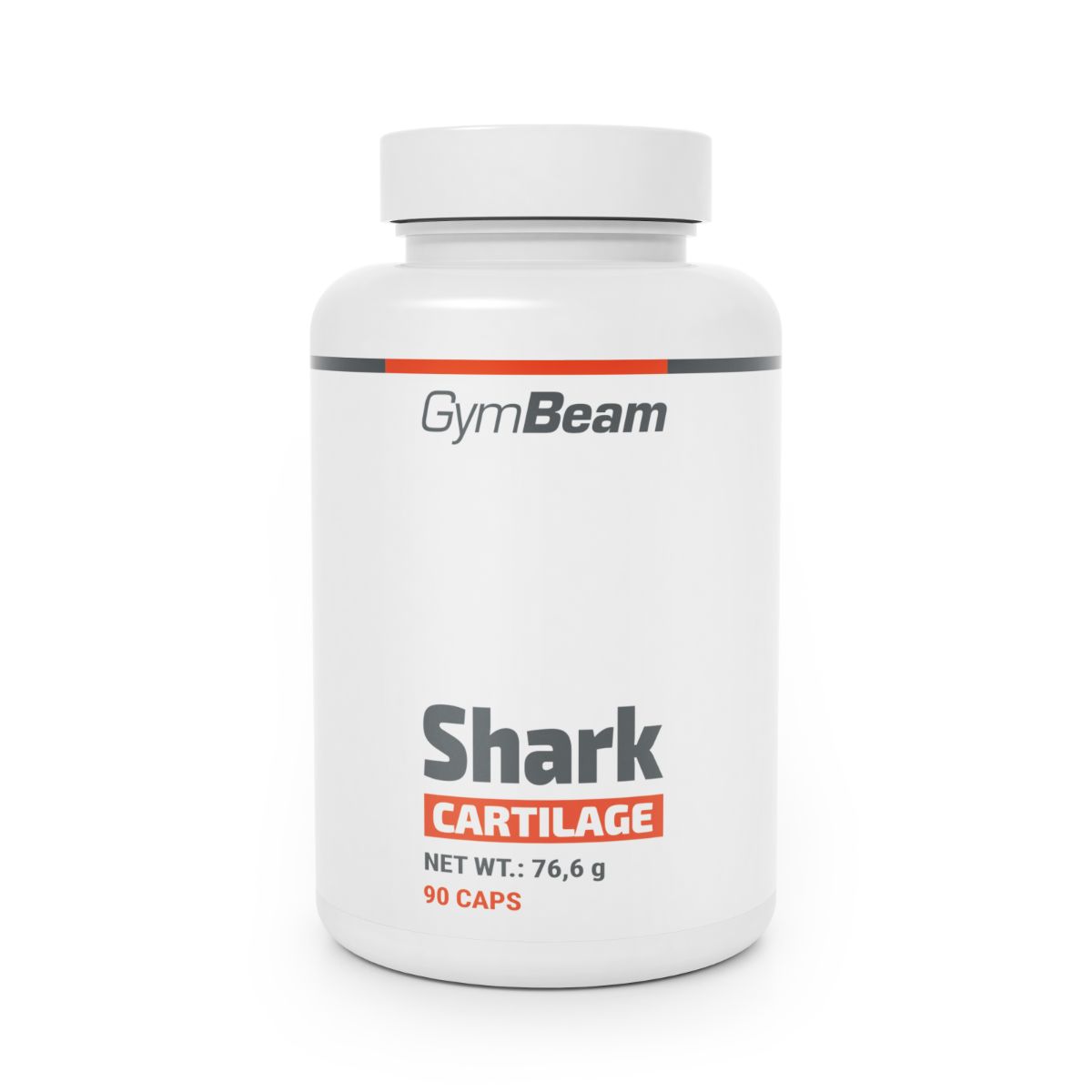 GymBeam Shark Cartilage Kapseln: Weißer Behälter mit rotem und schwarzem Etikett, 90 Kapseln.