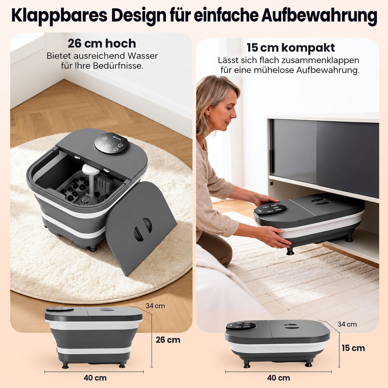 Faltbares Fußbad: aufgeklappt (26 cm hoch) und zusammengeklappt (15 cm kompakt).