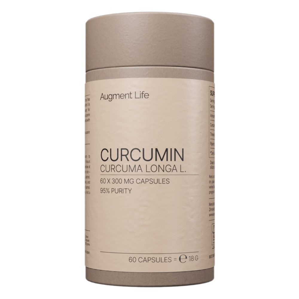 Cylindrischer Behälter mit Curcumin-Kapseln. Enthält 60 Kapseln à 300 mg, 95% Reinheit.