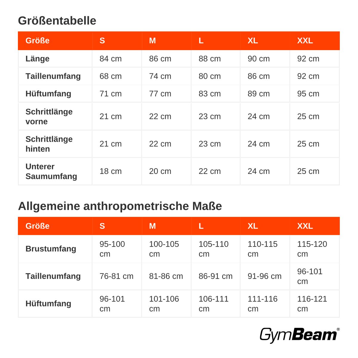 Größentabelle für Herren-Leggings mit Maßen in cm.