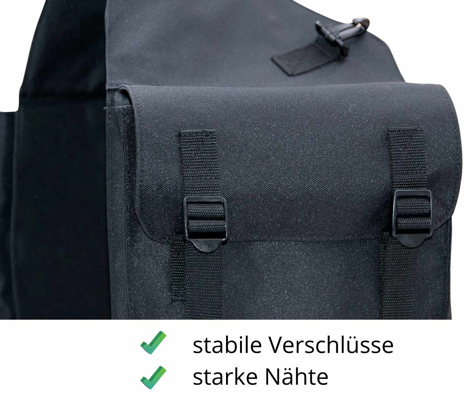 Detail der schwarzen Satteltasche mit stabilen Verschlüssen und starken Nähten.