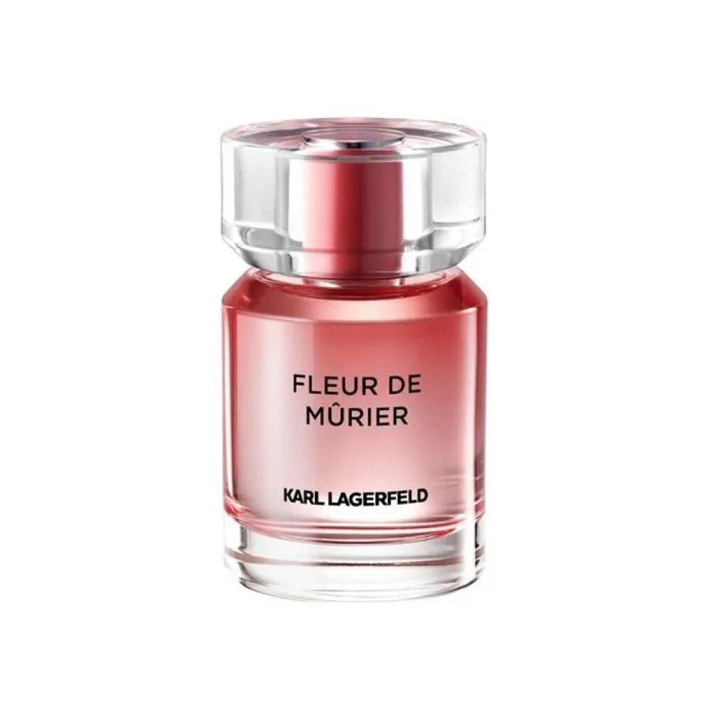 Flasche mit rosafarbenem Inhalt, klarer Verschluss. Aufschrift: FLEUR DE MURIER, KARL LAGERFELD.