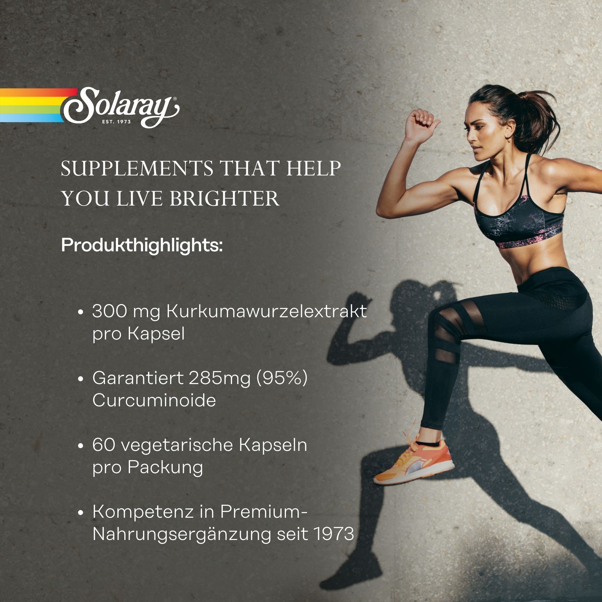 Solaray-Produkt mit Text: 300 mg Kurkuma Wurzelextrakt pro Kapsel, 285mg (95%) Curcuminoide, 60 vegetarische Kapseln.
