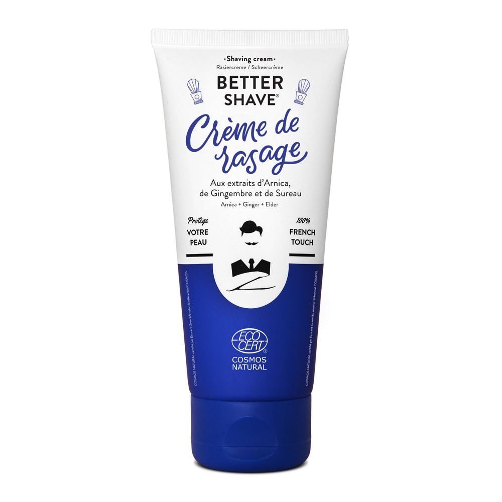 Weiße Tube mit blauer Kappe. Aufschrift "Better Shave" und "Crème de rasage". Enthält Extrakte aus Arnika, Ingwer und Holunder. Cosmos Natural Zertifizierung.