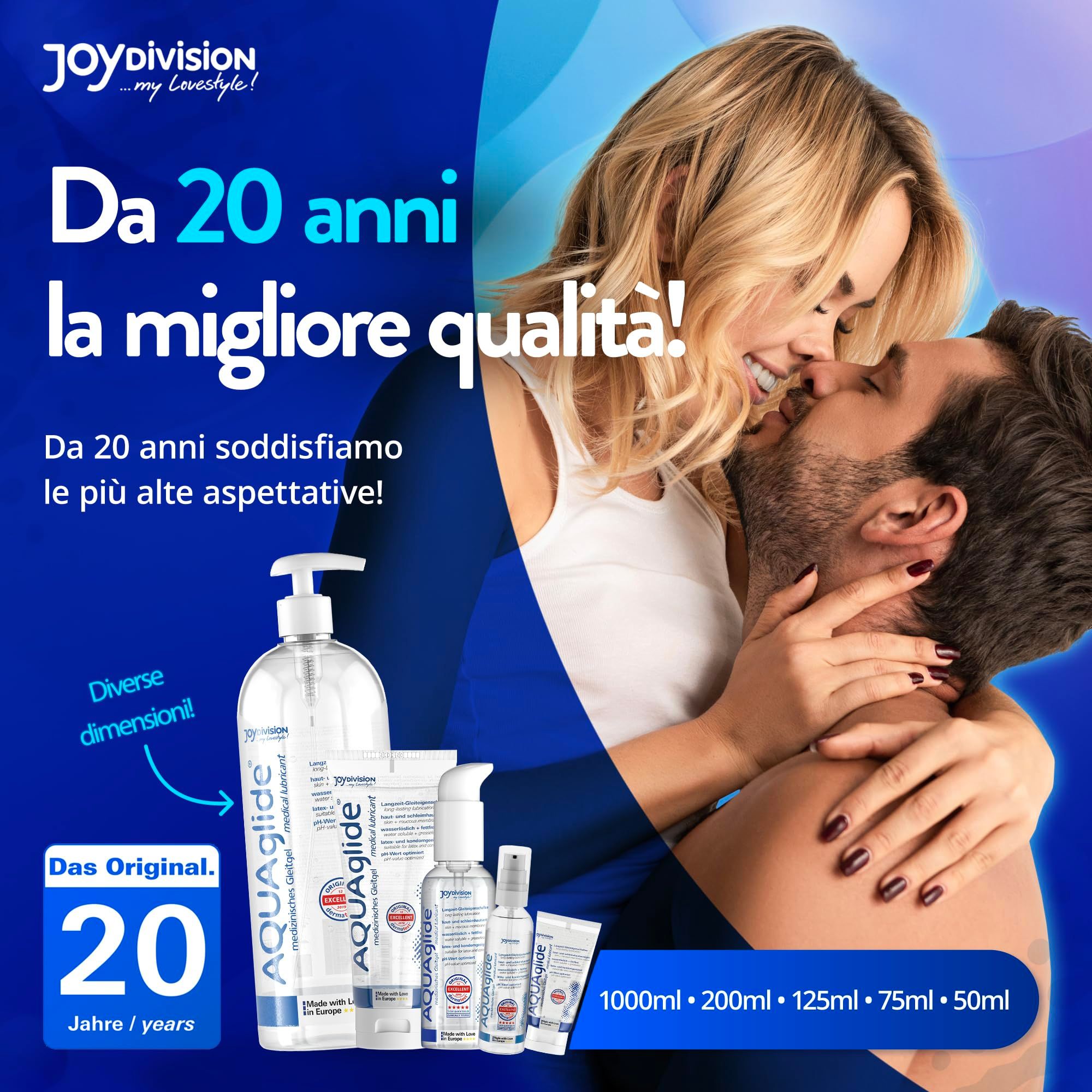 Joydivision Aqua glide Produkte in verschiedenen Größen, Paar küsst.