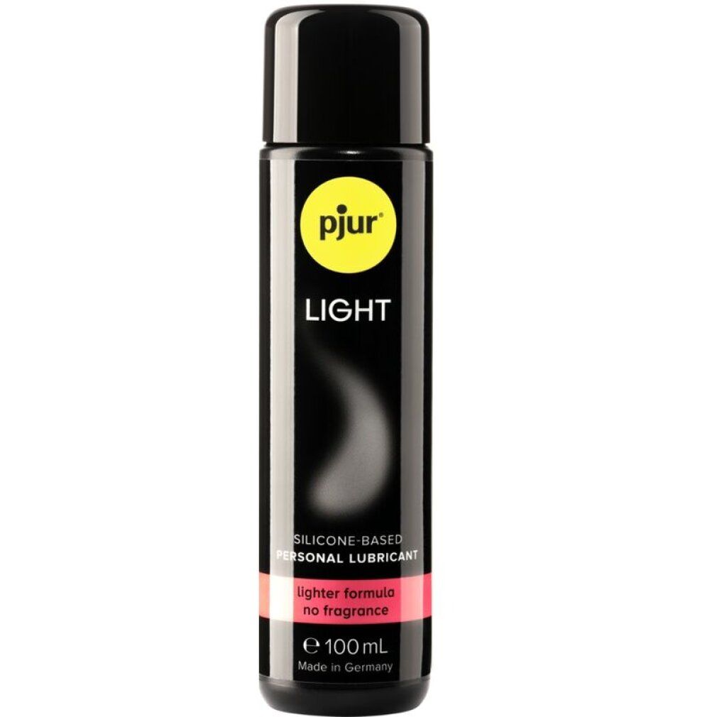Schwarze Flasche mit gelbem Logo und der Aufschrift "pjur LIGHT". Silikonbasiertes Gleitmittel, 100ml.