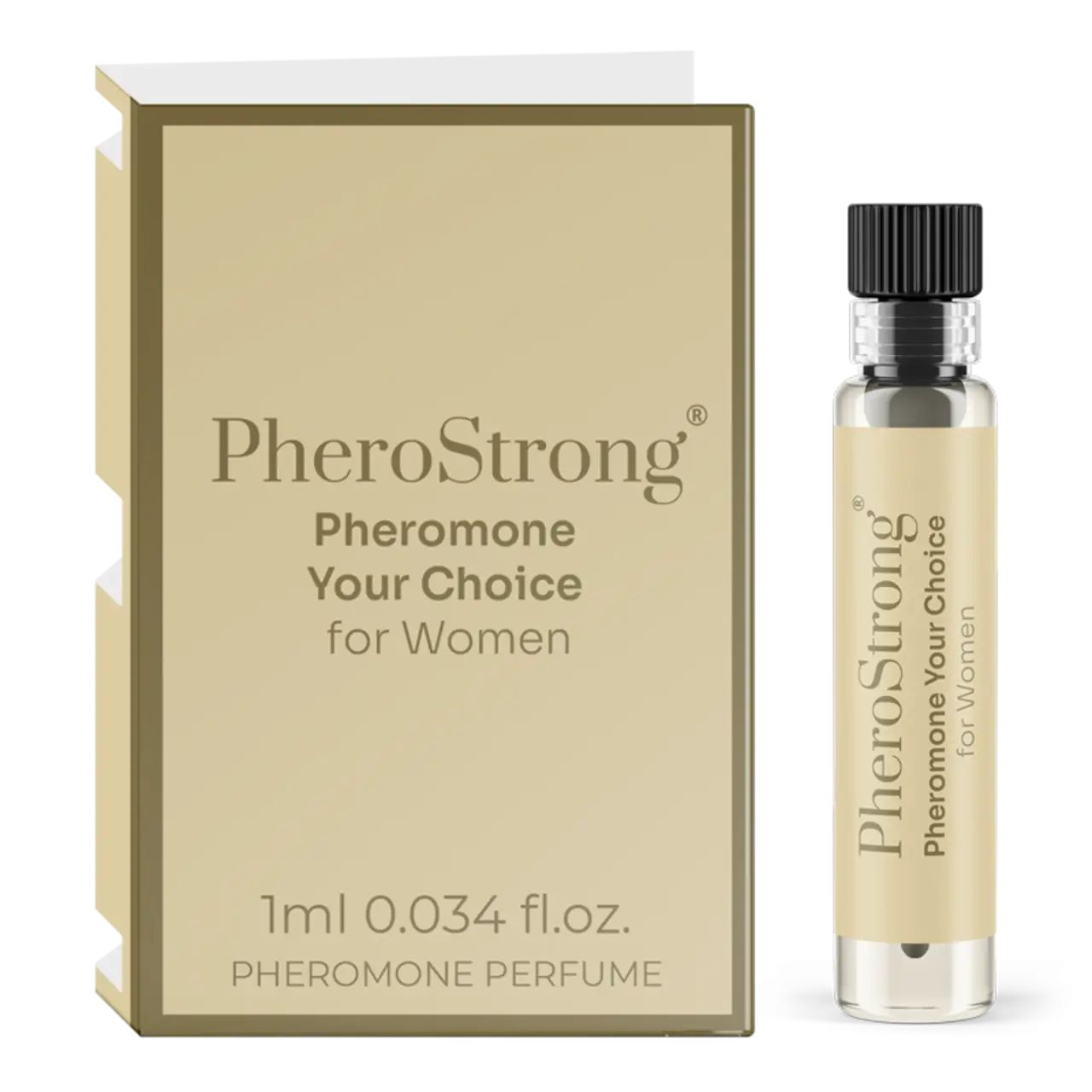 PheroStrong Pheromone für Frauen. Flakon und Verpackung. Flakon mit schwarzem Verschluss. Verpackung mit Produktnamen und Inhaltsangabe.