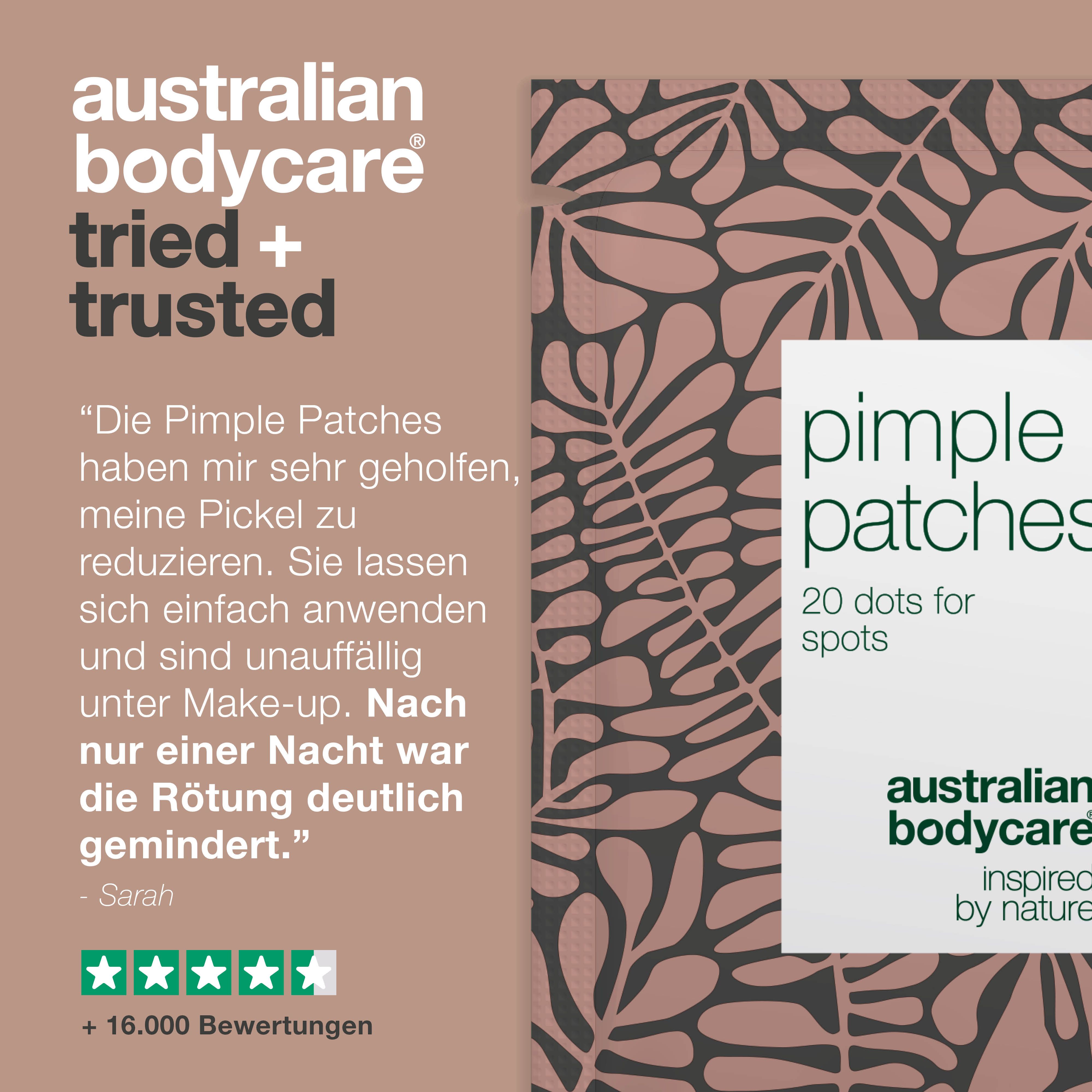 Produktverpackung. Text: Pimple Patches, 20 dots for spots. Logo: Australian Bodycare. Text: Tried + Trusted.