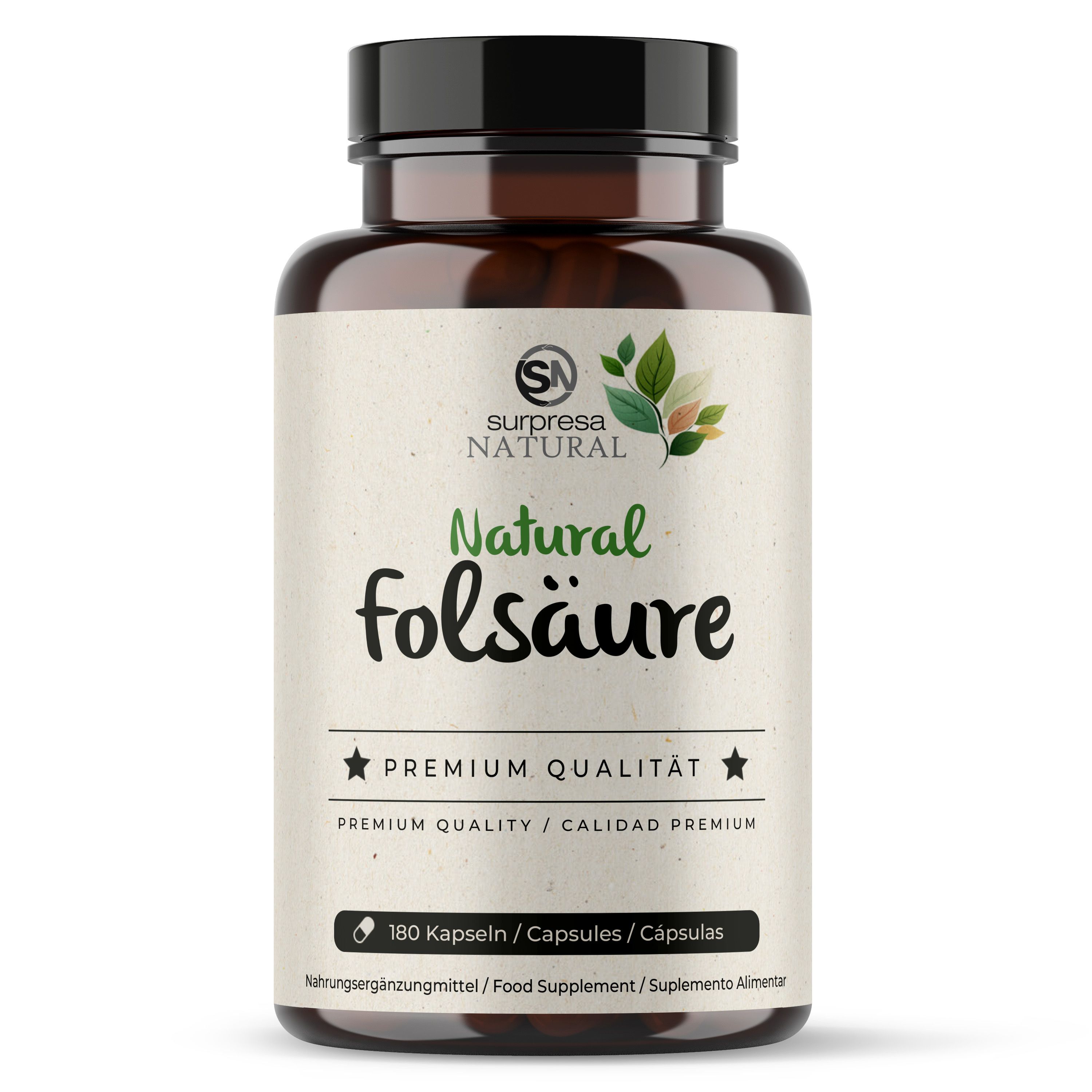 Braune Flasche mit weißem Etikett. Aufschrift: Natural Folsäure. Logo: Surpresa Natural. 180 Kapseln. Premium Qualität.