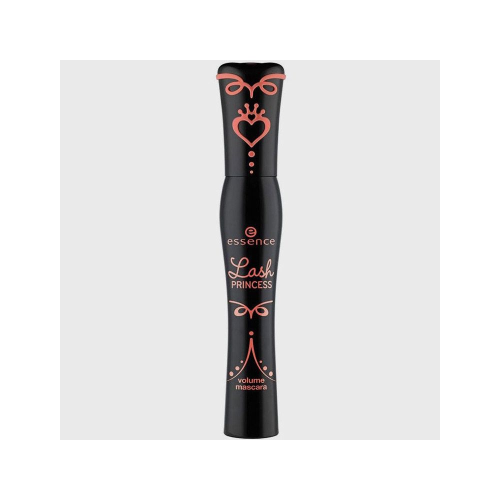 Schwarze Mascara-Tube mit rosa Aufdruck. Schriftzug: Lash Princess, Volumen Mascara. Verziert mit rosa Kronen und Ornamenten.