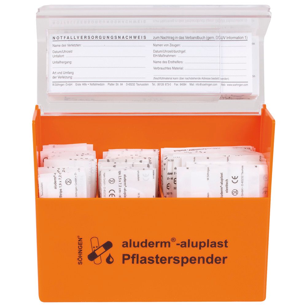 Offener, oranger Pflasterspender mit transparentem Deckel. Enthält Pflaster und Notfallzettel. Aufschrift: aluderm-aluplast Pflasterspender.