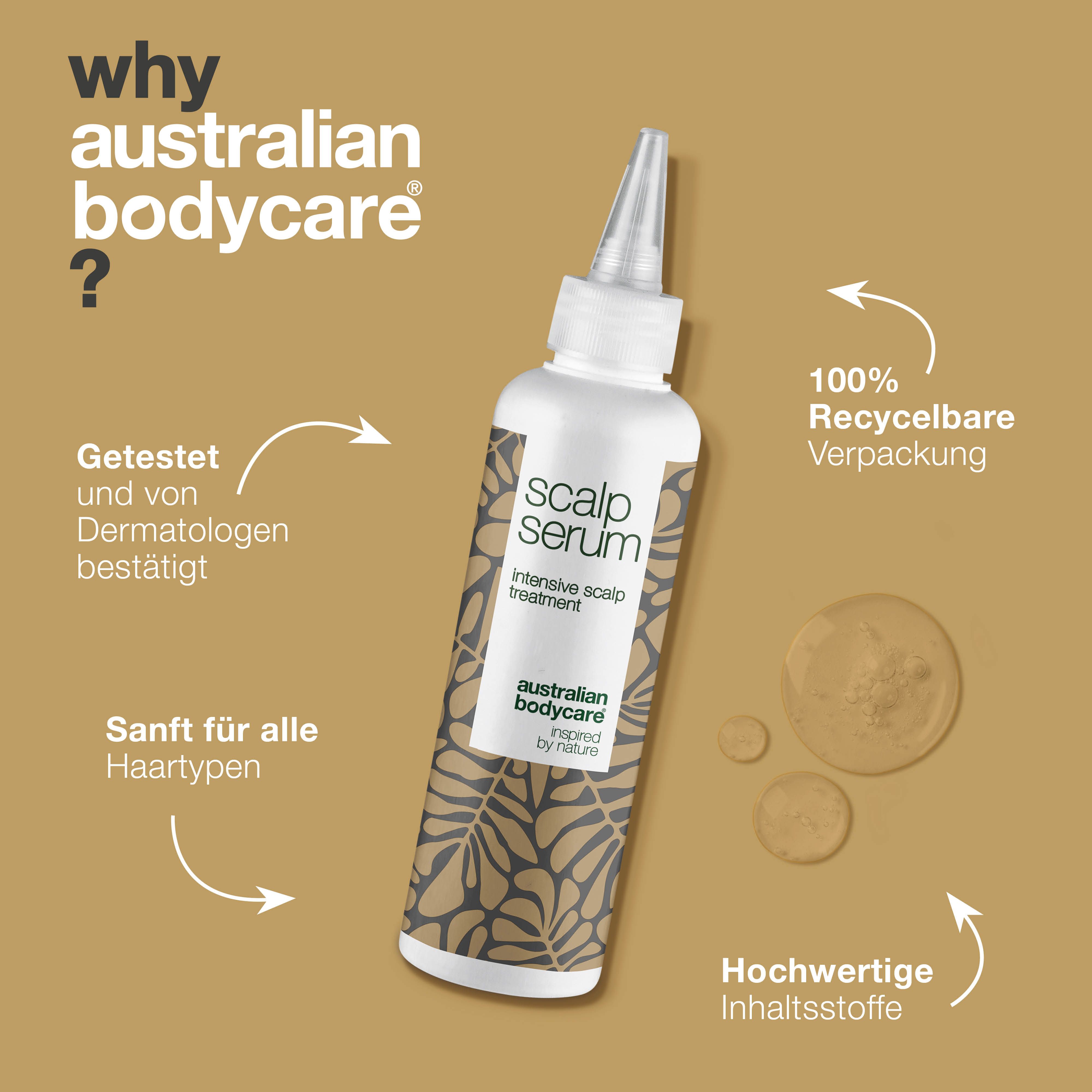 Produkt mit Text. Aufschrift: Scalp Serum. Logo: Australian Bodycare. Text über Vorteile.