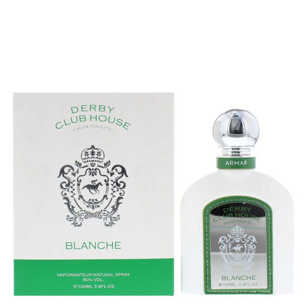 Weiße Flasche und Karton. Flasche mit silbernem Deckel, grünem Band. Aufschrift: ARMAF, BLANCHE, DERBY CLUB HOUSE.