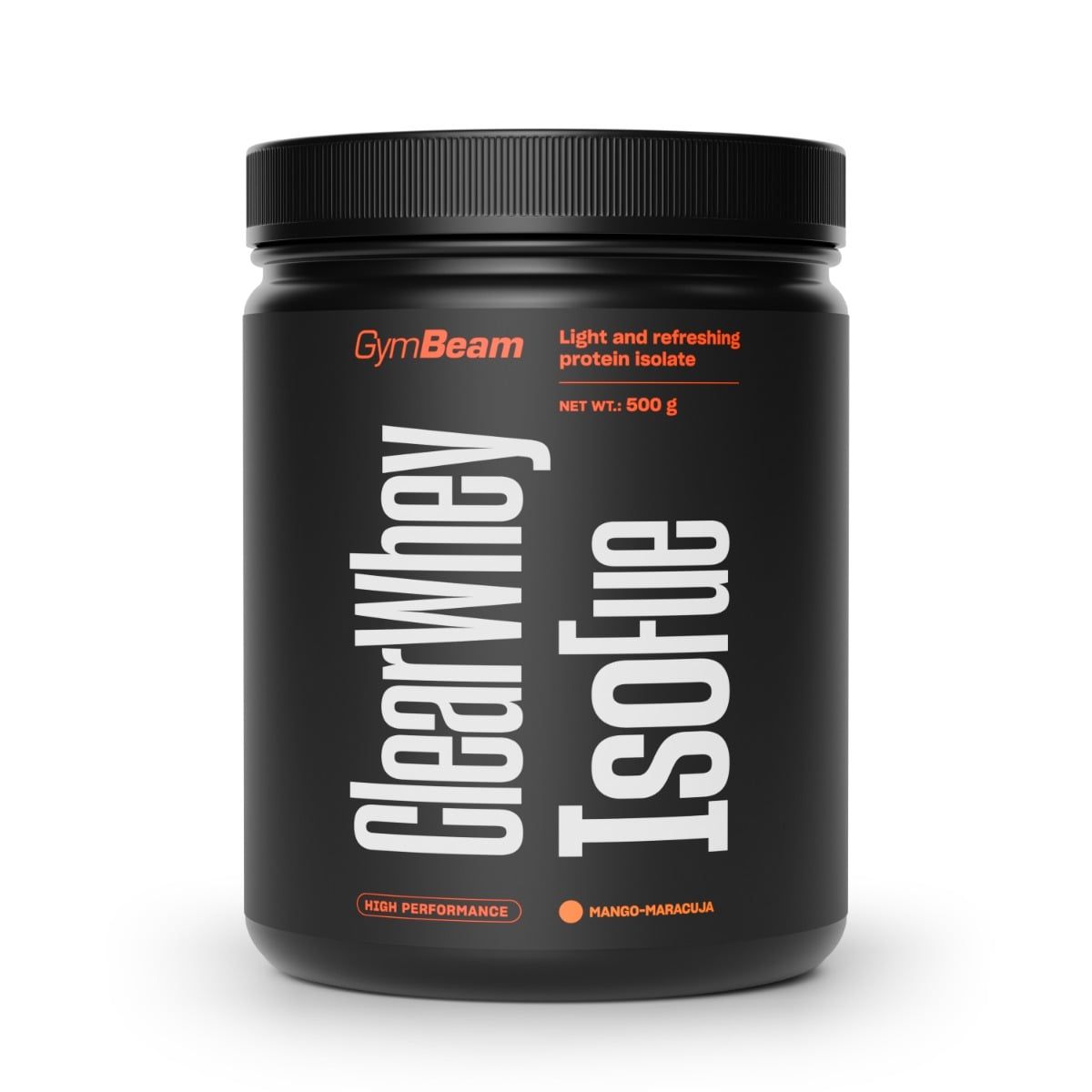 Schwarzer Behälter mit GymBeam Clear Whey IsoFue Molkenprotein-Isolat Pulver, 500g.