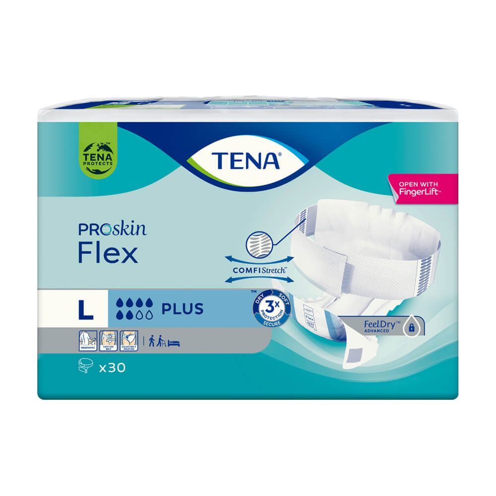 Verpackung von TENA ProSkin Flex Plus L. Blau-weißes Design mit Produktbezeichnung, Logo und Größenangabe. Enthält 30 Stück.
