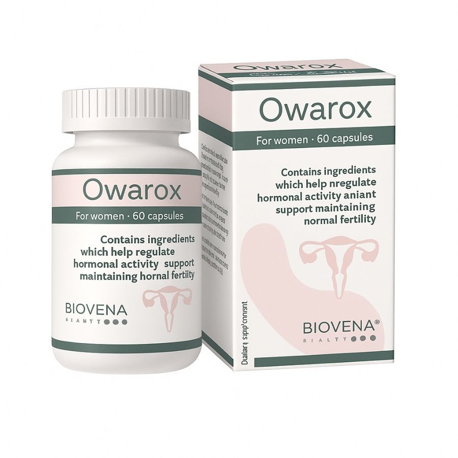 Ovarox-Kapseln und -Verpackung. Aufschrift: Für Frauen, 60 Kapseln. Enthält Inhaltsstoffe zur Regulierung der Hormonaktivität.