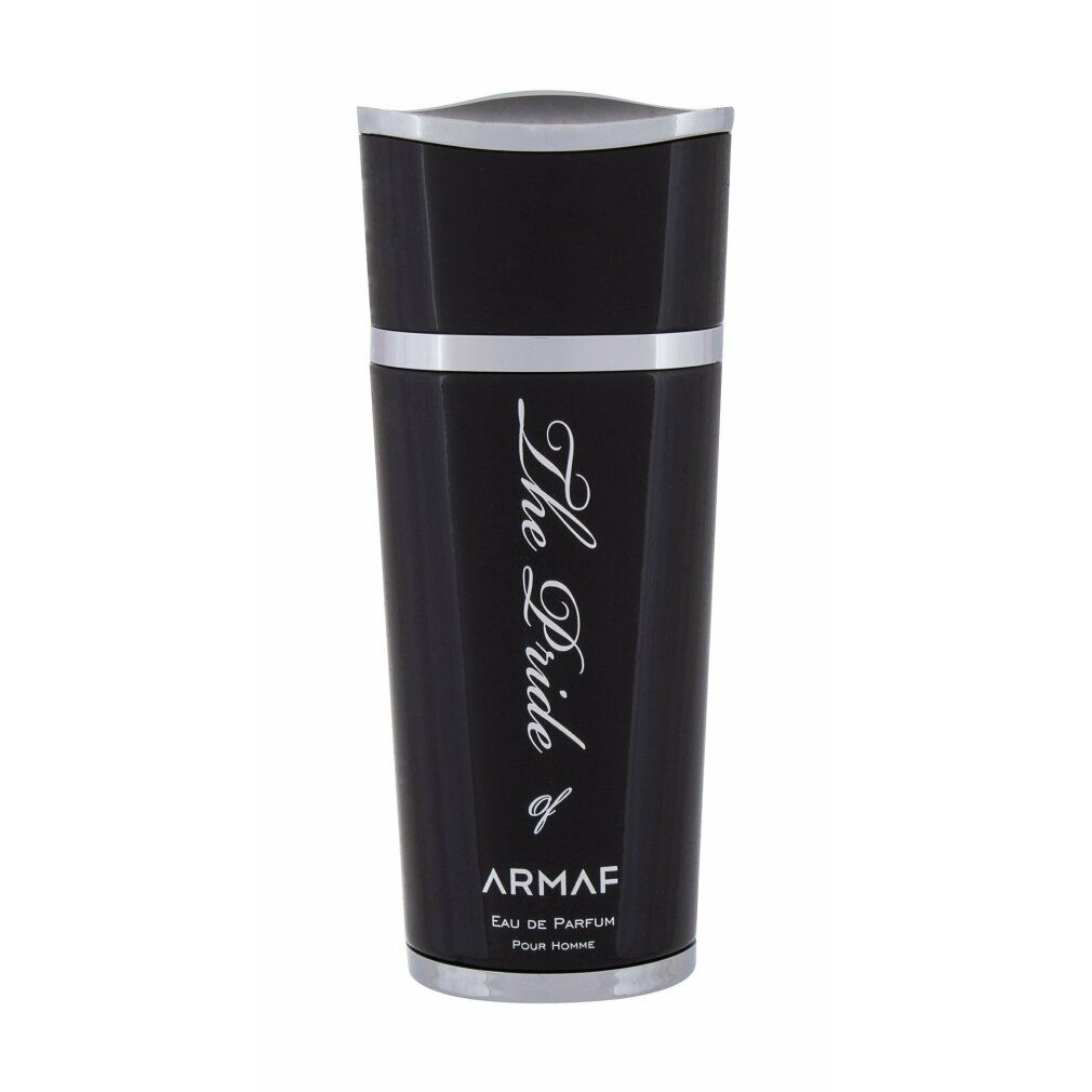 Schwarze Parfumflasche mit silbernen Akzenten. Silberne Schrift: The Pride of Armaf. Eau de Parfum für Männer. Zylindrische Form.