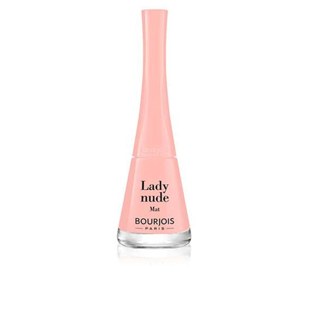 Nagellackflasche, rosa, mit Aufschrift Lady Nude Mat und Bourjois. Glasflasche mit rosa Deckel.