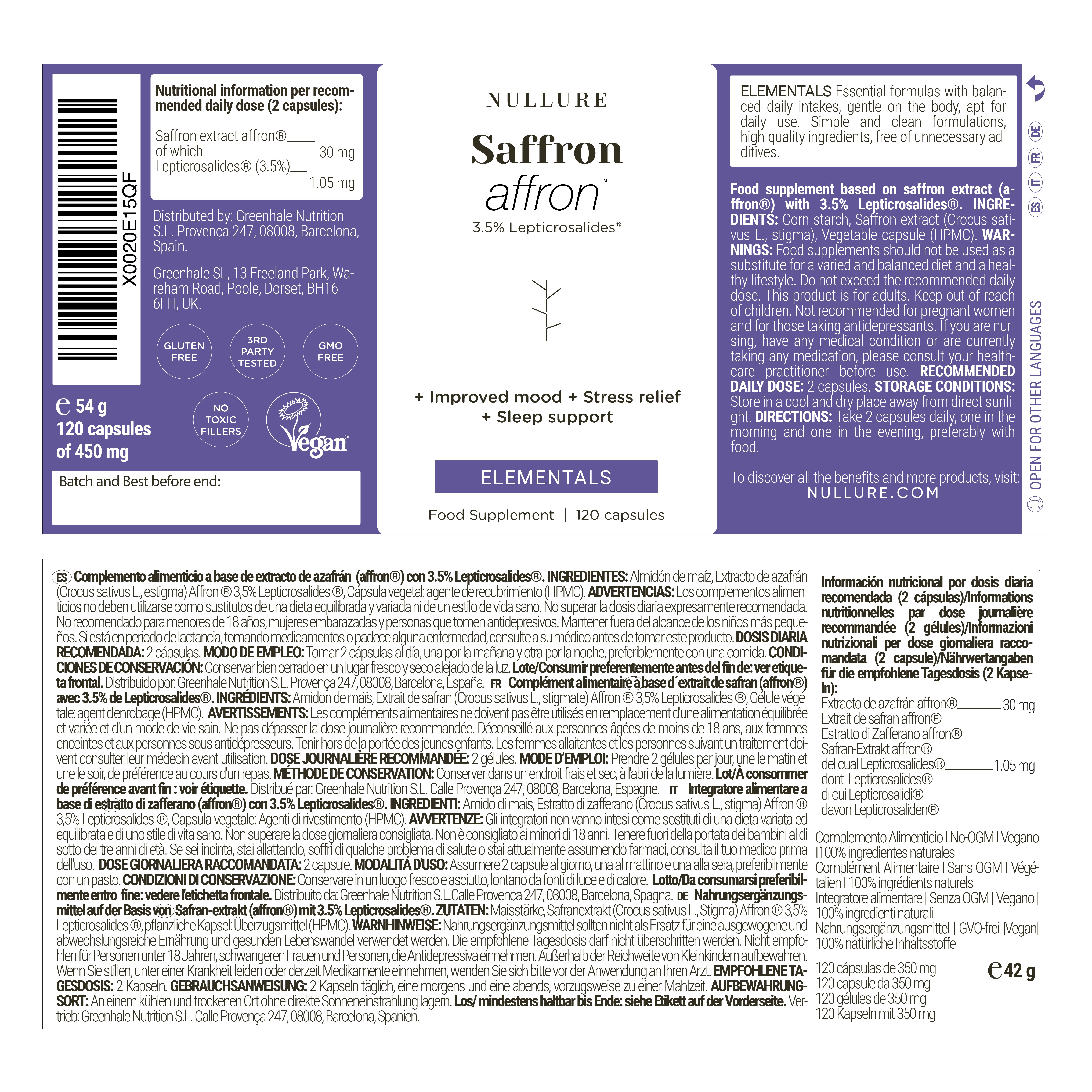 Etikett mit Informationen. Text: Nullure Safran affron. 120 Kapseln. 60 Portionen. Nährwertangaben. Inhaltsstoffe.