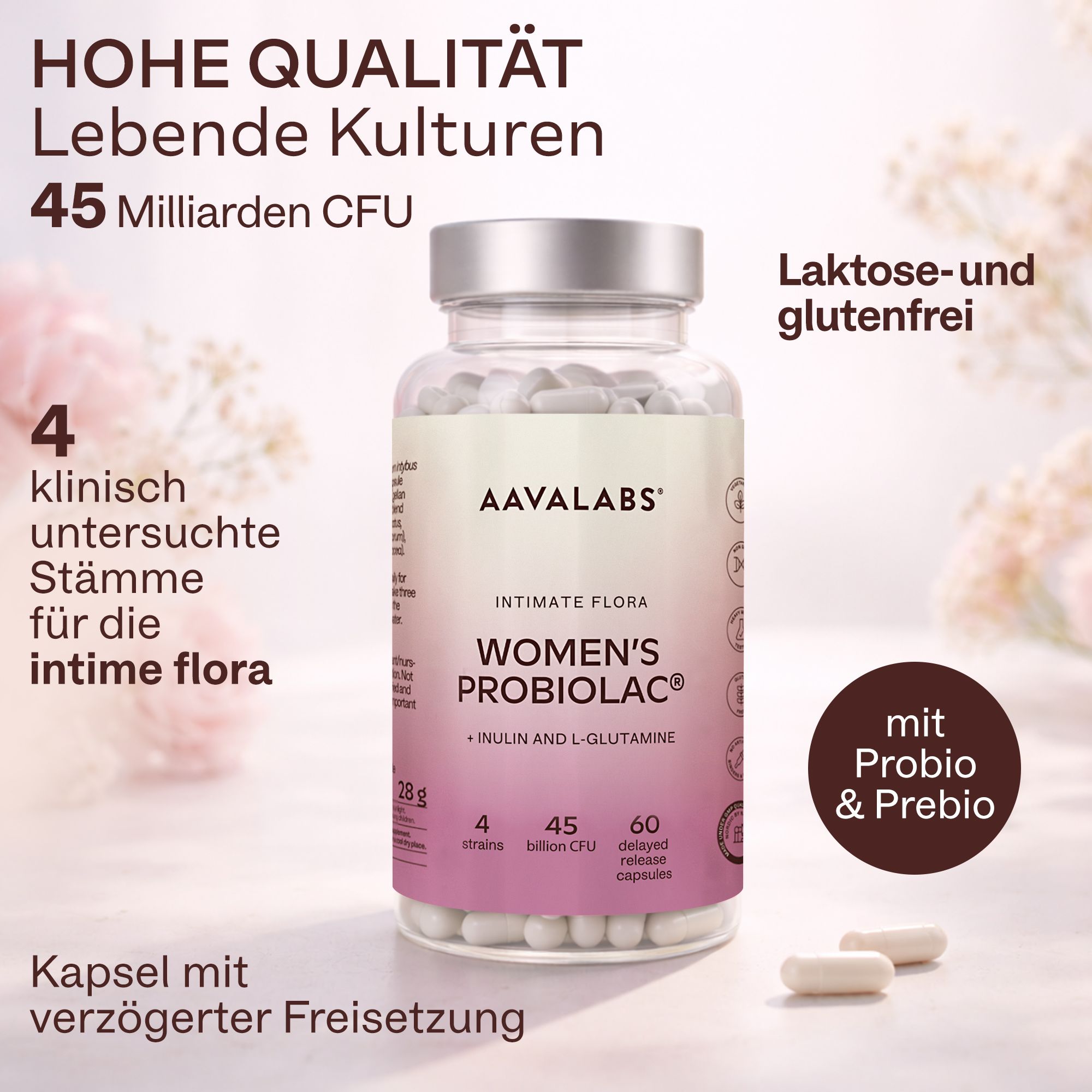 Flasche mit Kapseln. Text: AAVALABS, Women's Probiolac. 45 Milliarden CFU, 4 Stämme, 60 Kapseln.
