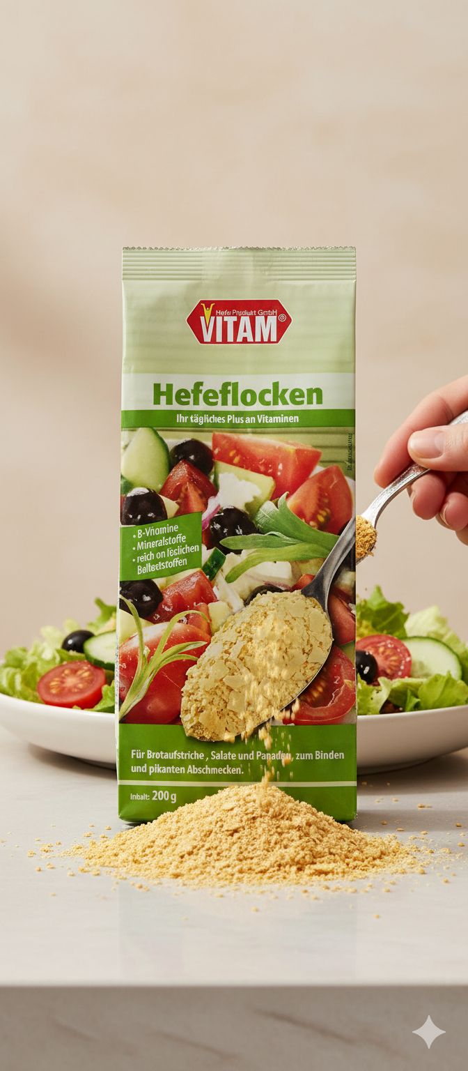 Vitam Hefeflocken: Beutel mit Flocken und Löffel über einem Salat. Enthält B-Vitamine, Mineralstoffe und Ballaststoffe.