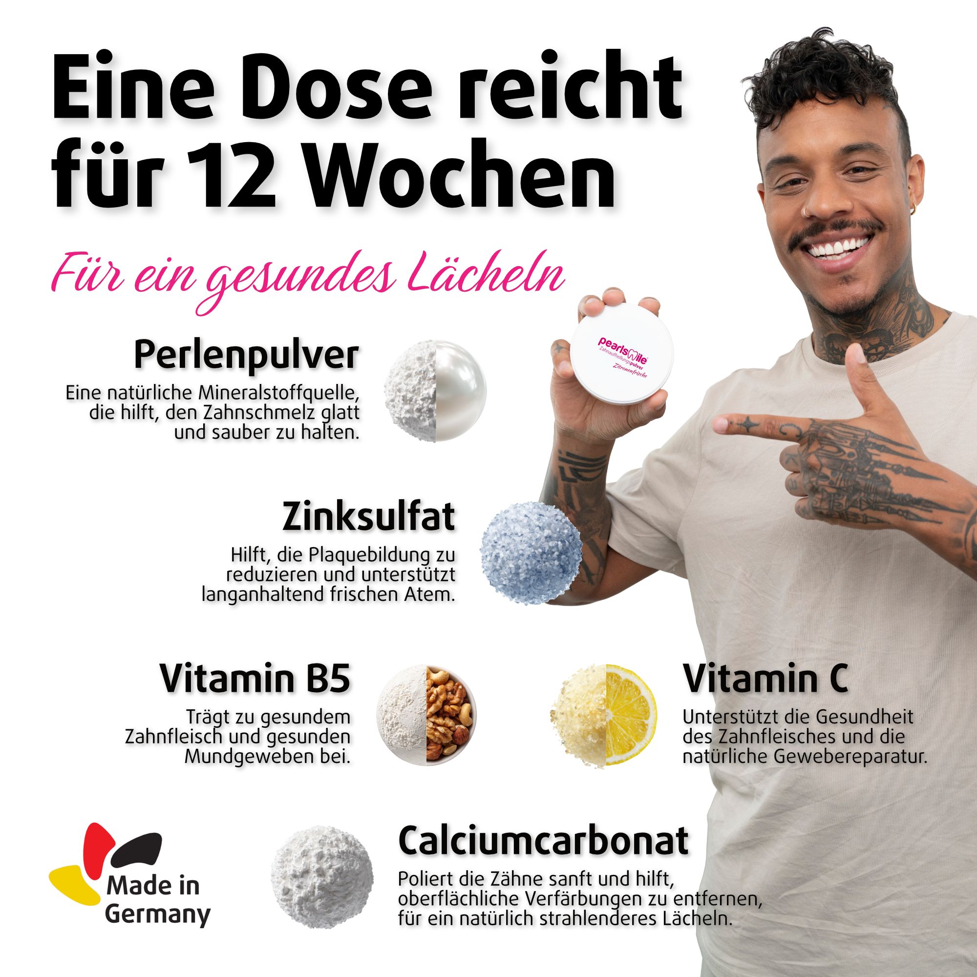 Mann hält Dose mit Produkt. Icons von Inhaltsstoffen. Text: Eine Dose reicht für 12 Wochen.