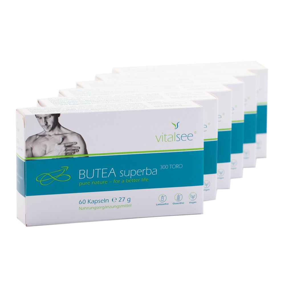 Mehrere Packungen Vitalsee BUTEA superba 300 Toro Extrakt. 60 Kapseln pro Packung. Aufdruck: pure nature - for a better life.
