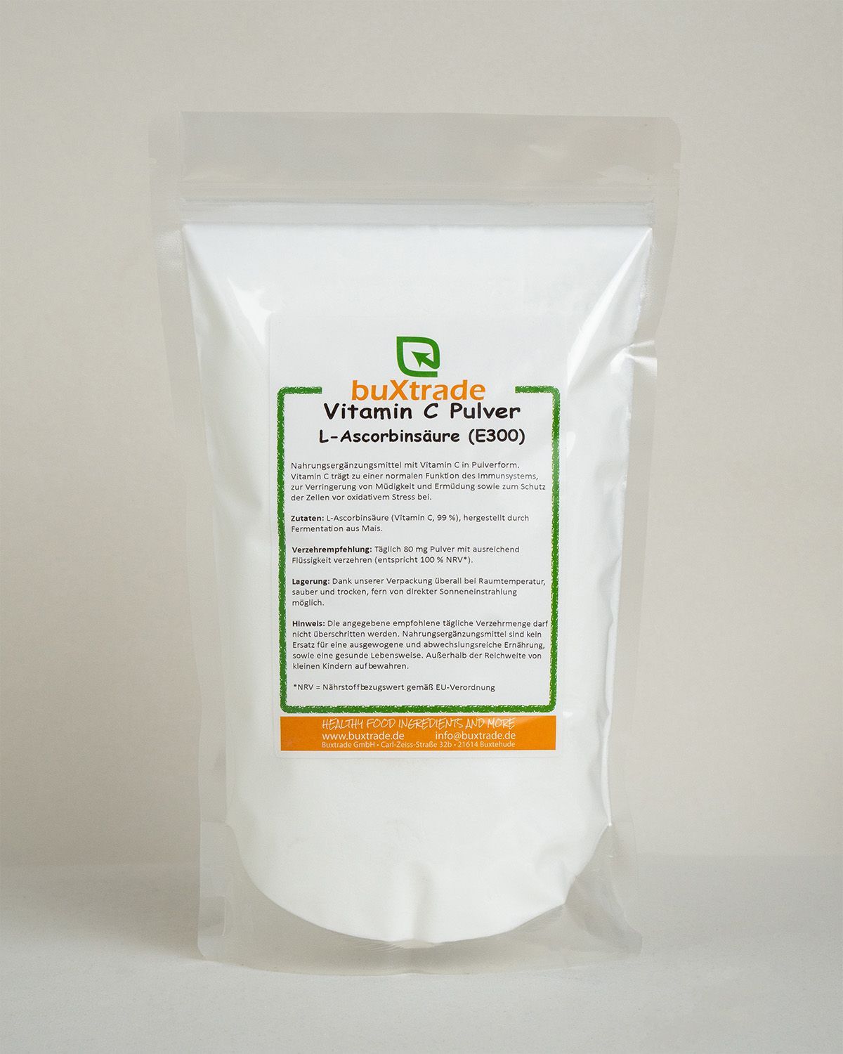 Verpackung von buxtrade Vitamin C L-Ascorbinsäure Pulver.