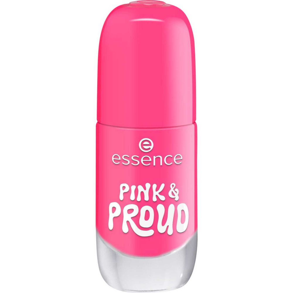 Pinkfarbene Nagellackflasche mit geschlossenem Deckel. Aufschrift "essence" und "PINK & PROUD".